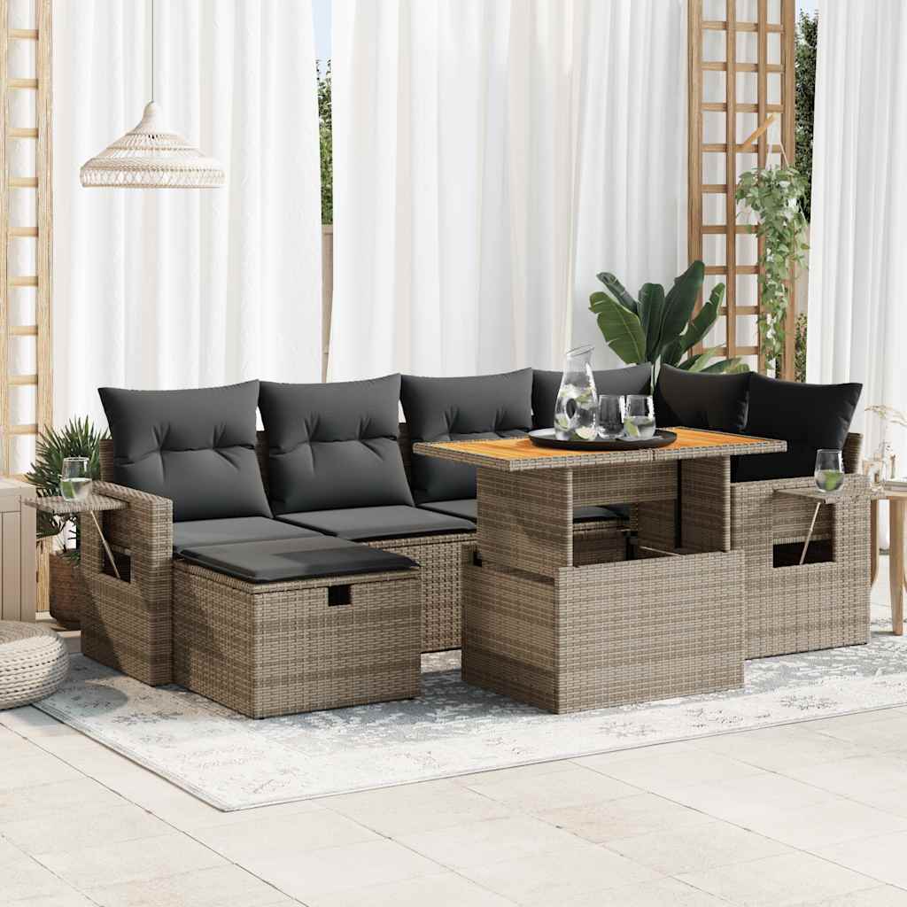 Set Divano da Giardino 8pz con Cuscini Grigio Polyrattan Acacia