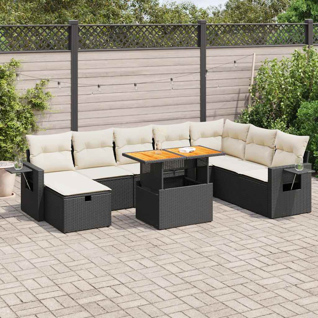 Set Divani da Giardino 9 pz con Cuscini Nero Polyrattan Acacia