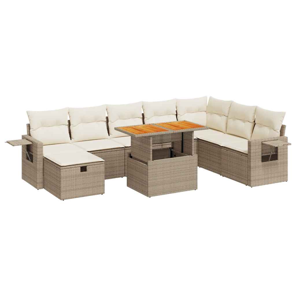 Set Divano da Giardino 9 pz con Cuscini Beige Polyrattan Acacia