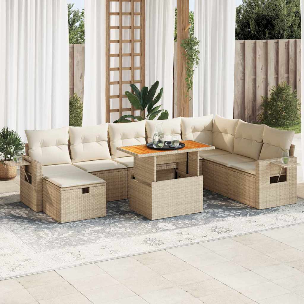 Set Divano da Giardino 9 pz con Cuscini Beige Polyrattan Acacia