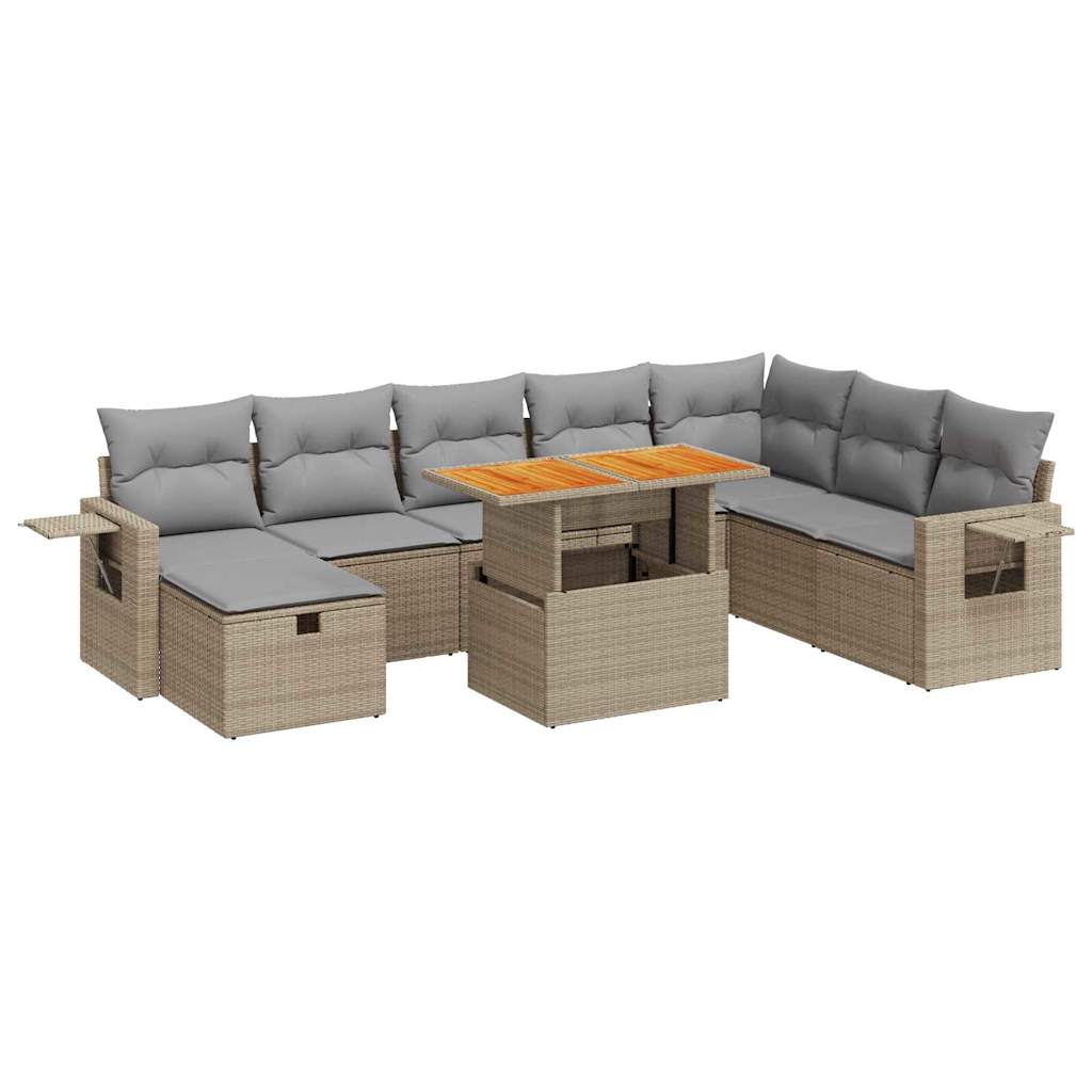 Set Divano da Giardino 9 pz con Cuscini Beige Polyrattan Acacia