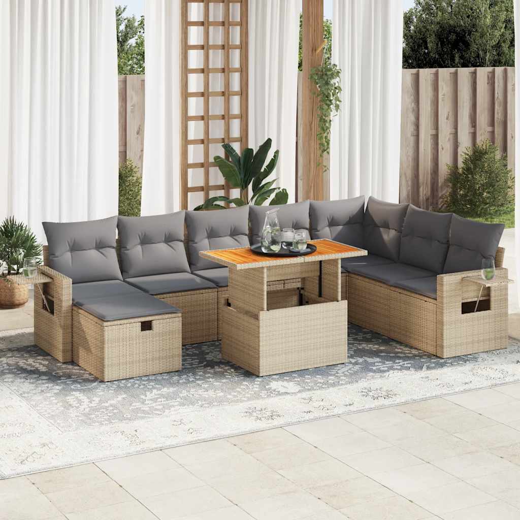 Set Divano da Giardino 9 pz con Cuscini Beige Polyrattan Acacia