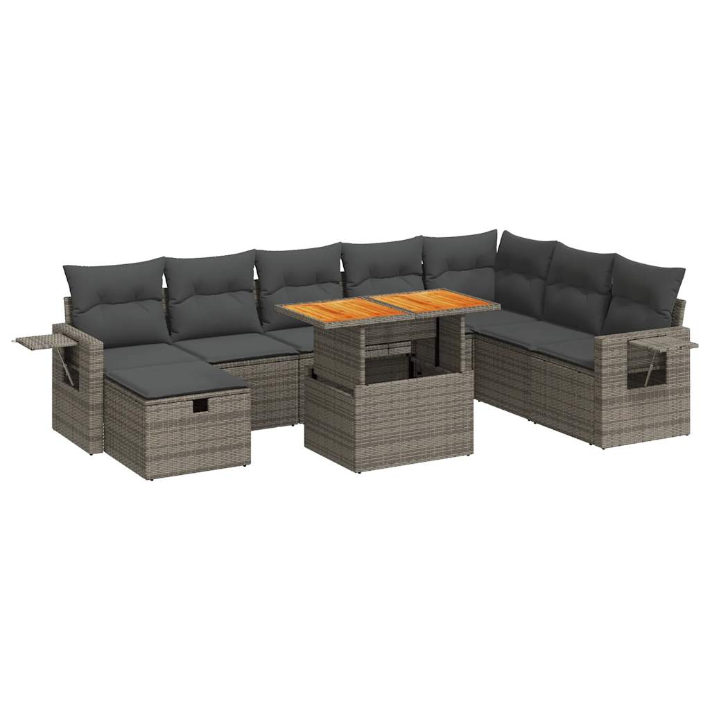 Set Divano da Giardino 9pz con Cuscini Grigio Polyrattan Acacia