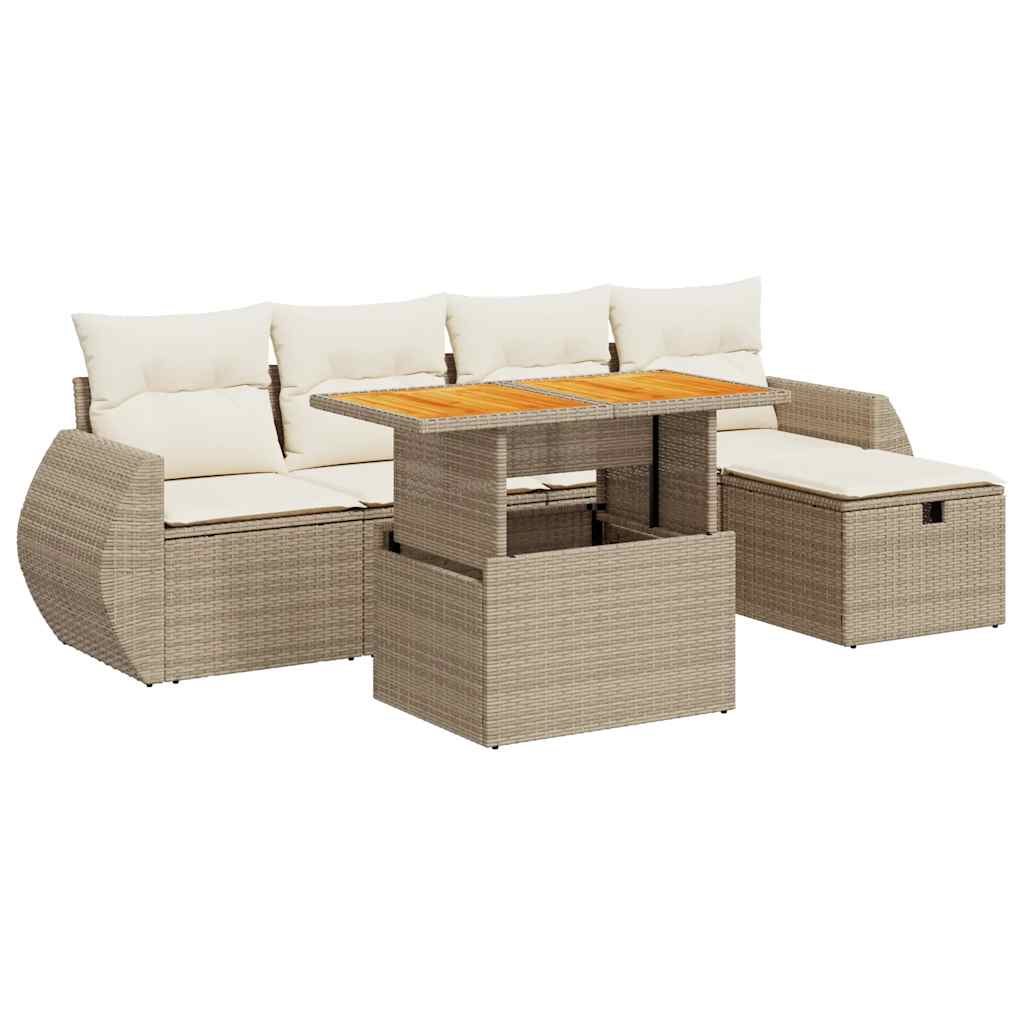 Set Divano da Giardino 6 pz con Cuscini Beige Polyrattan Acacia