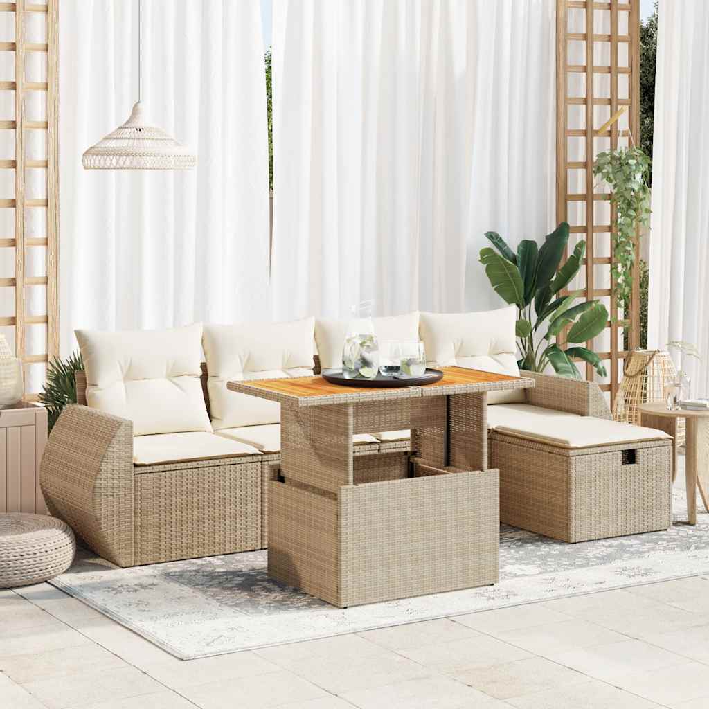 Set Divano da Giardino 6 pz con Cuscini Beige Polyrattan Acacia