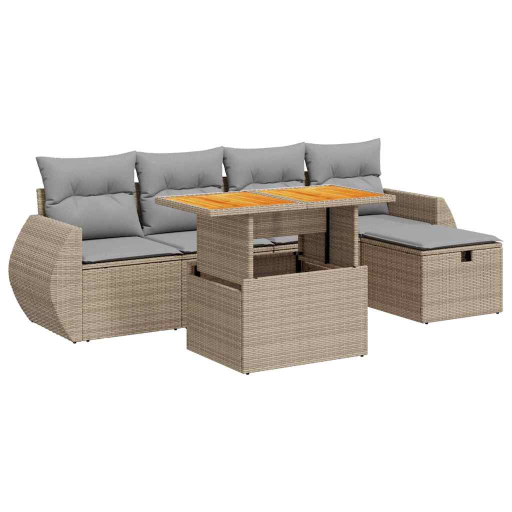 Set Divano da Giardino 6 pz con Cuscini Beige Polyrattan Acacia