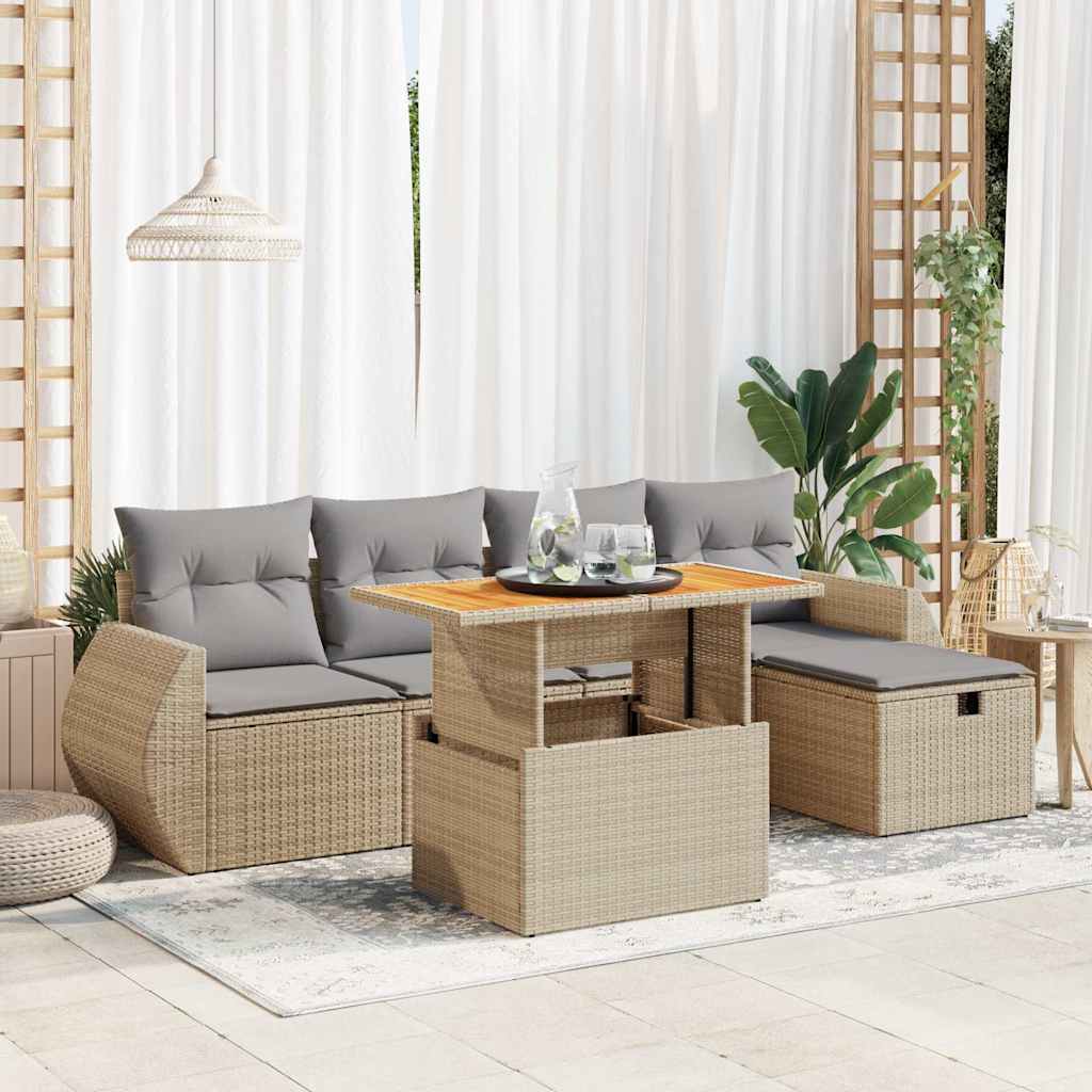 Set Divano da Giardino 6 pz con Cuscini Beige Polyrattan Acacia