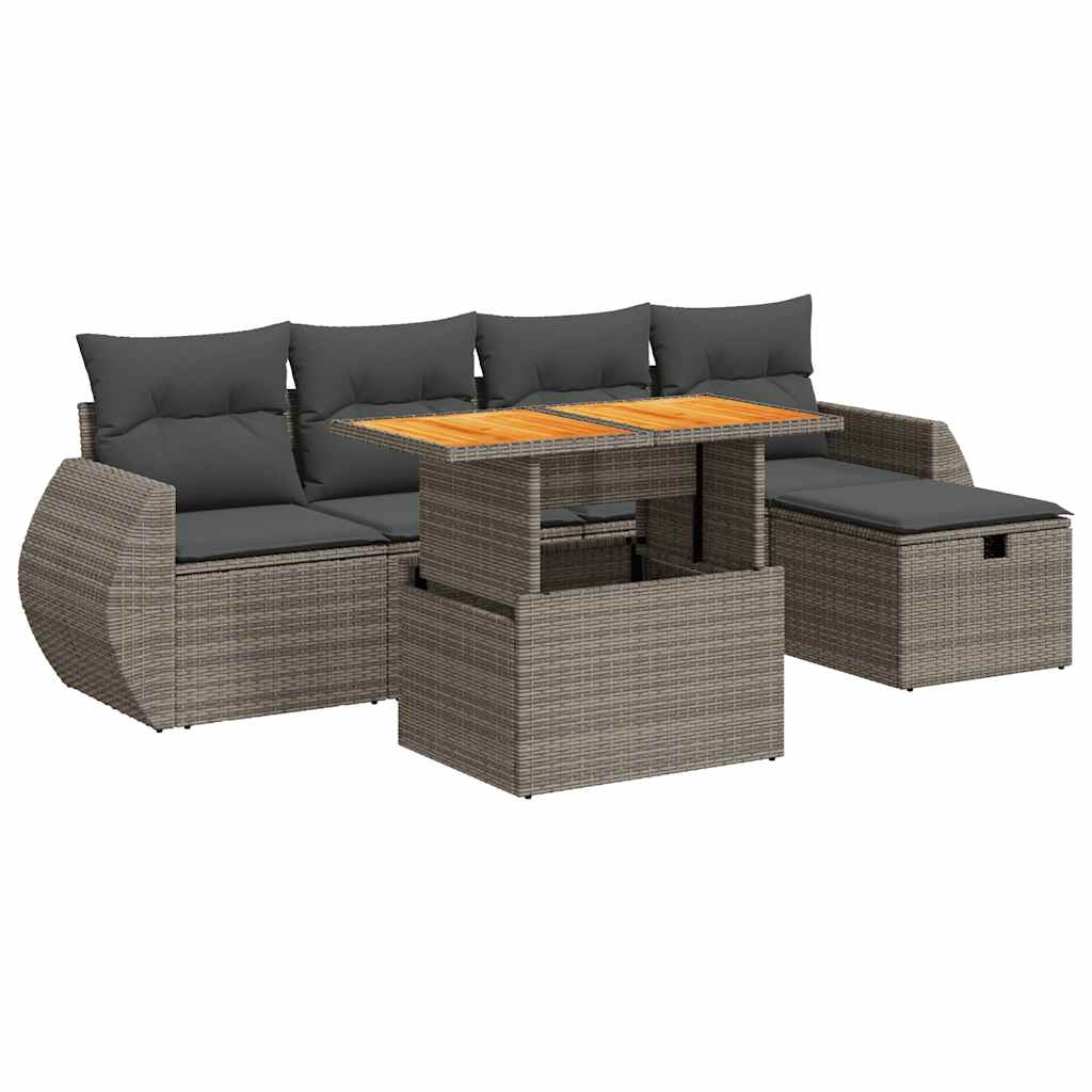 Set Divano da Giardino 6pz con Cuscini Grigio Polyrattan Acacia