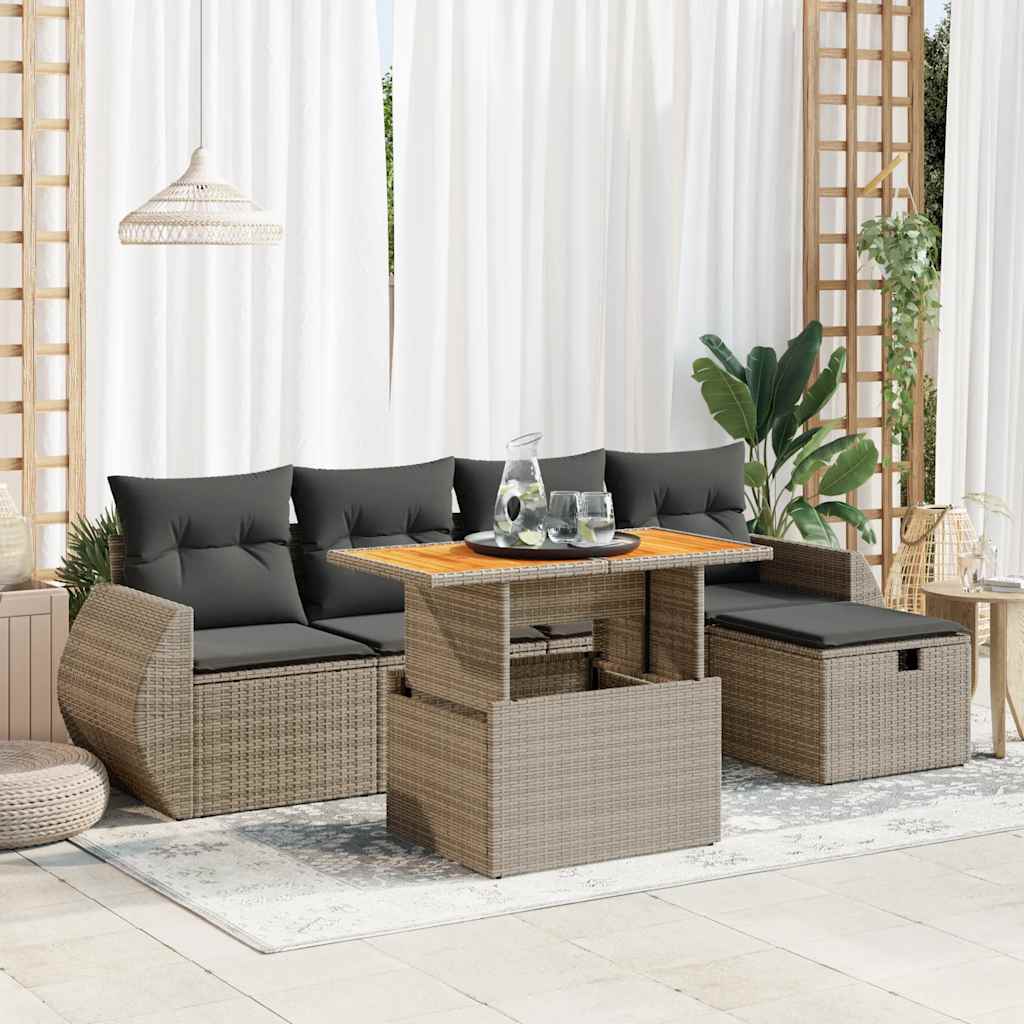 Set Divano da Giardino 6pz con Cuscini Grigio Polyrattan Acacia