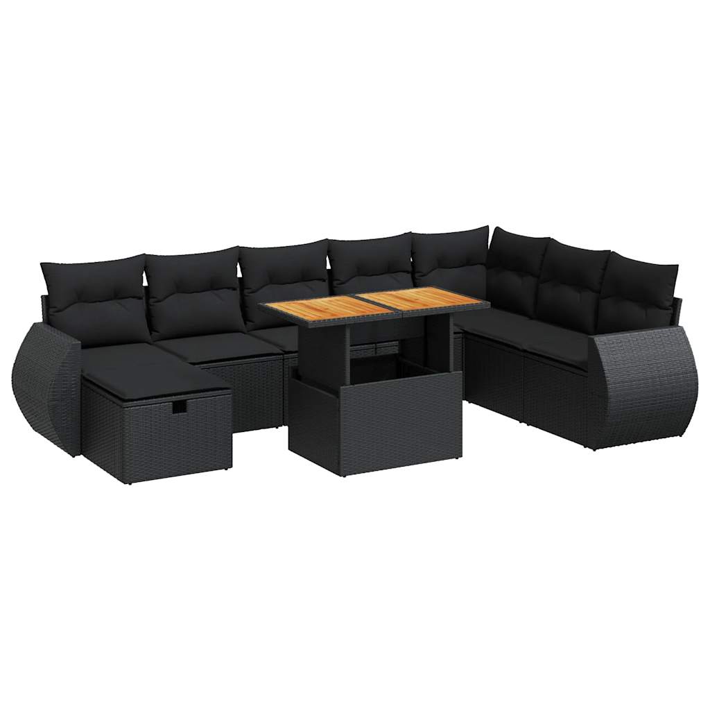 Set Divani da Giardino 9 pz con Cuscini Nero Polyrattan Acacia