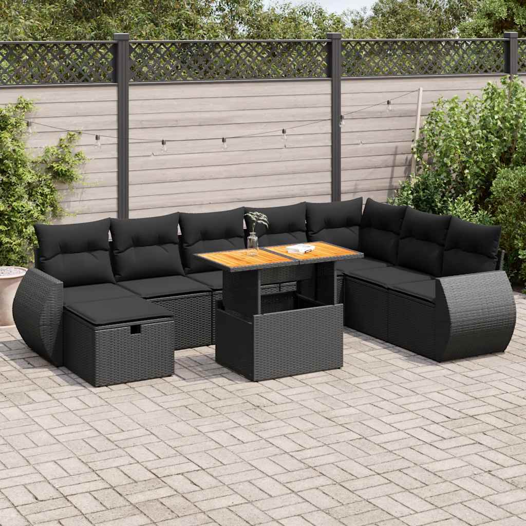 Set Divani da Giardino 9 pz con Cuscini Nero Polyrattan Acacia