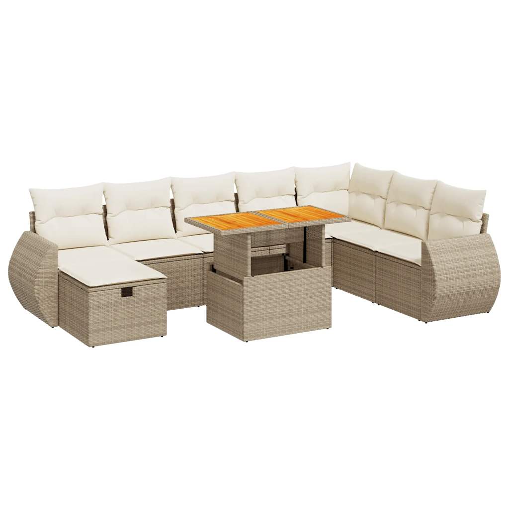 Set Divano da Giardino 9 pz con Cuscini Beige Polyrattan Acacia