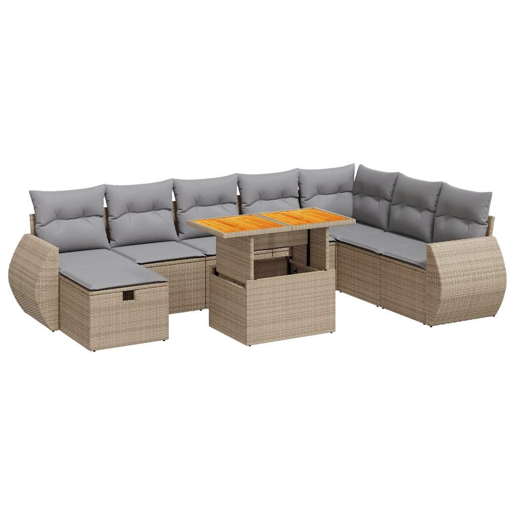 Set Divano da Giardino 9 pz con Cuscini Beige Polyrattan Acacia