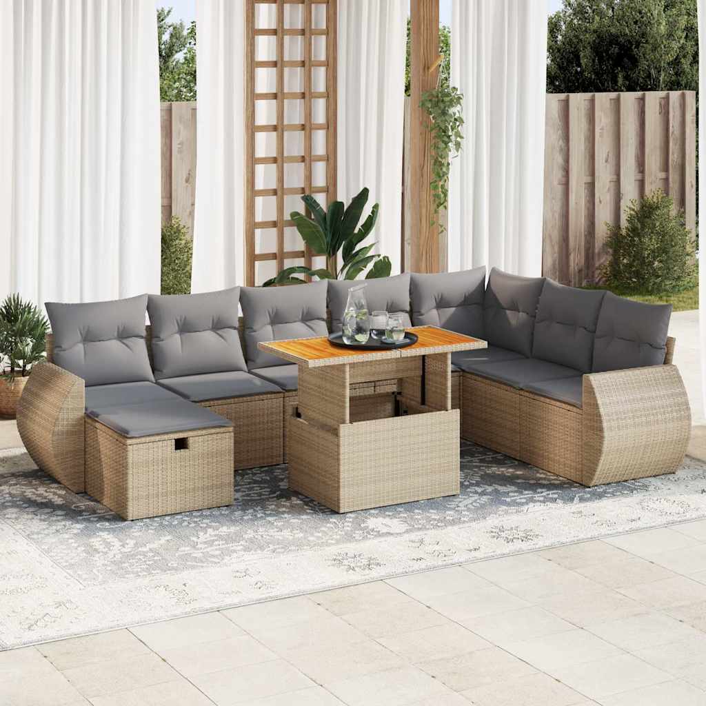 Set Divano da Giardino 9 pz con Cuscini Beige Polyrattan Acacia