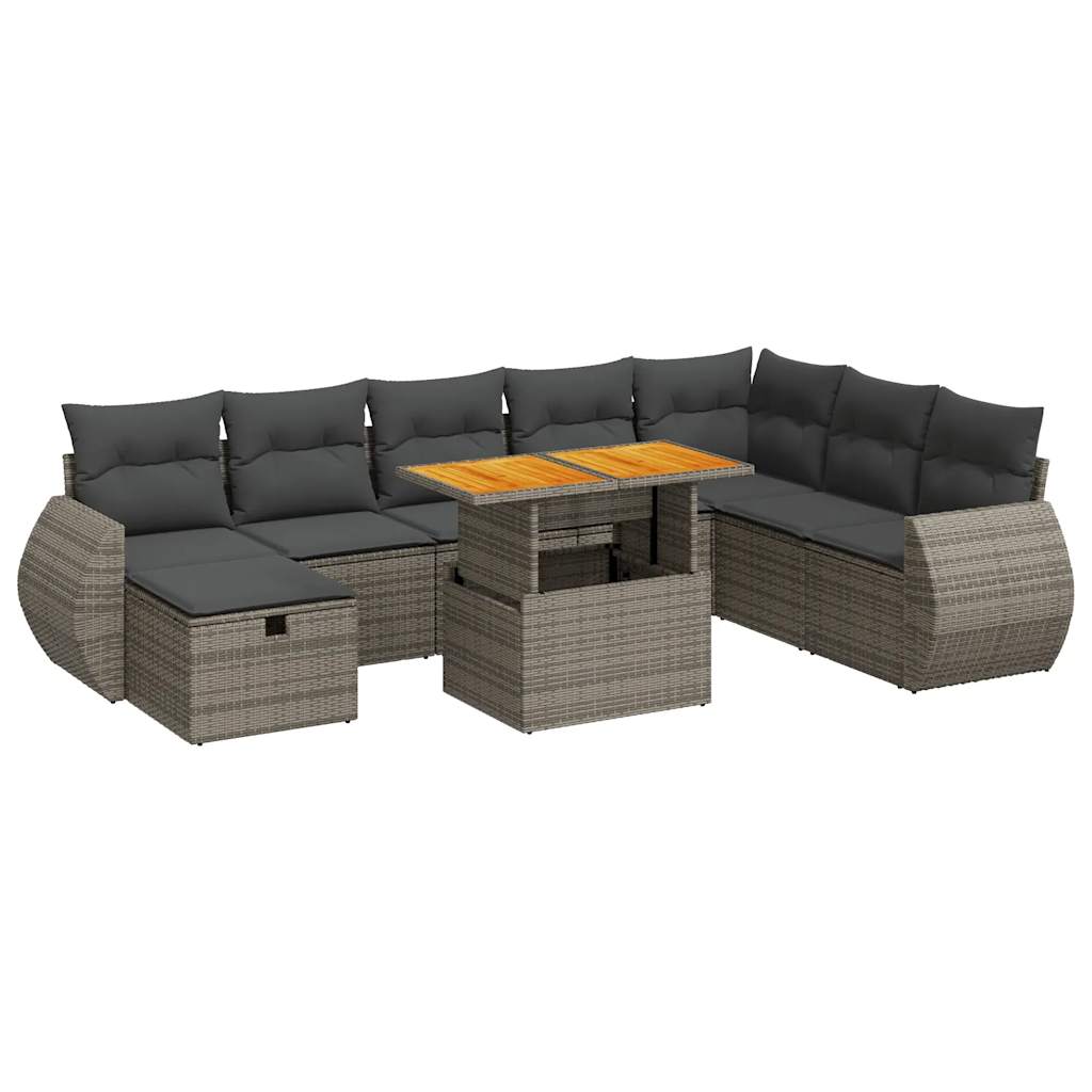 Set Divano da Giardino 9pz con Cuscini Grigio Polyrattan Acacia