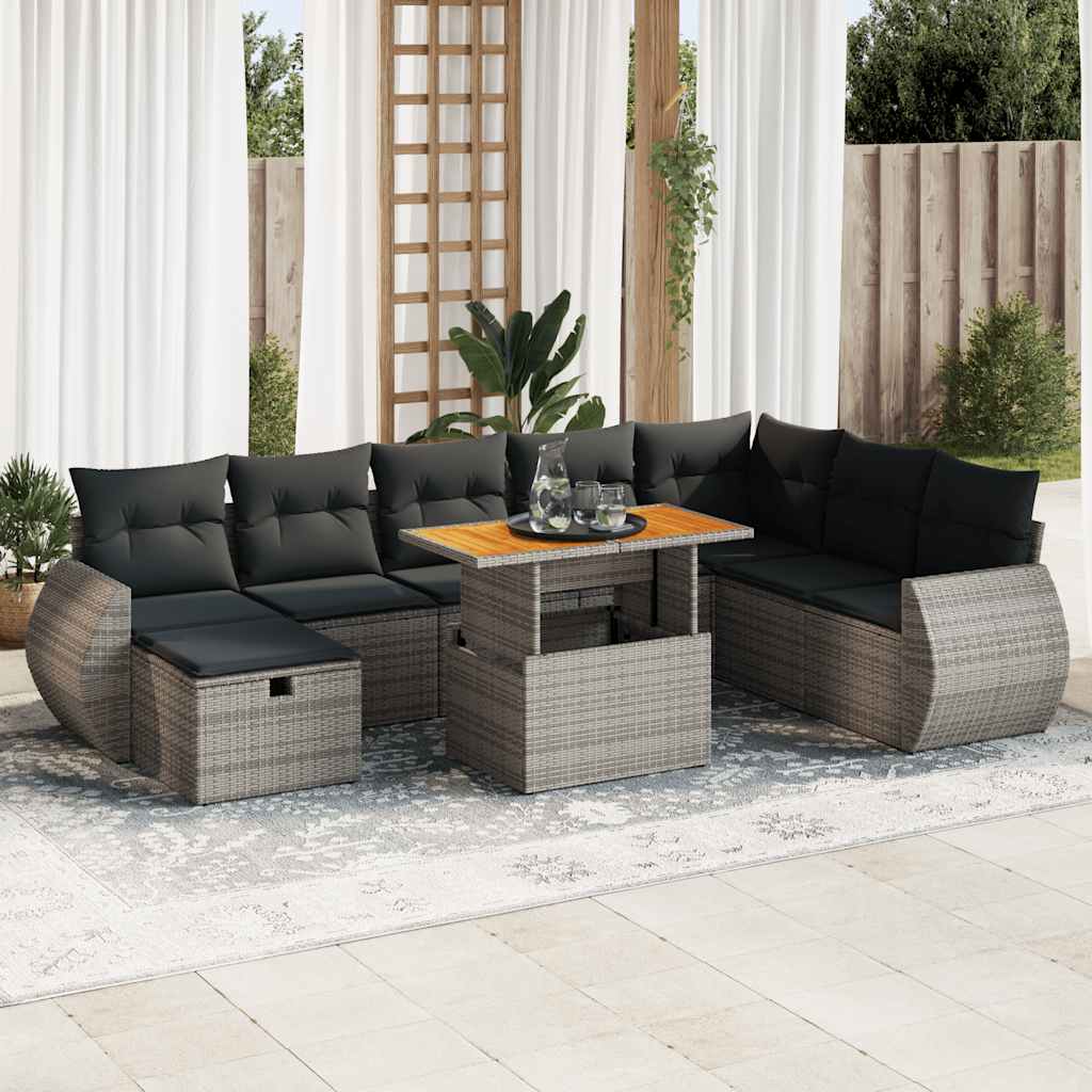 Set Divano da Giardino 9pz con Cuscini Grigio Polyrattan Acacia