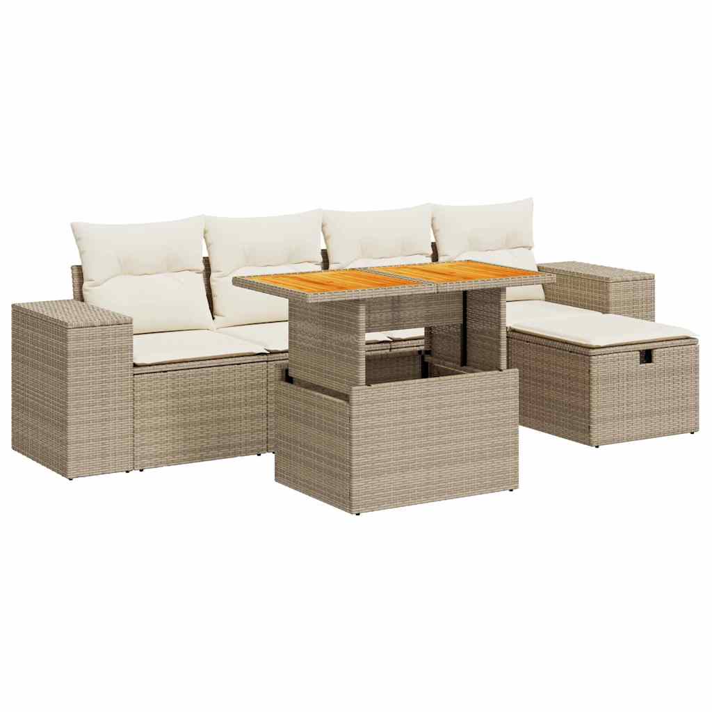 Set Divano da Giardino 6 pz con Cuscini Beige Polyrattan Acacia