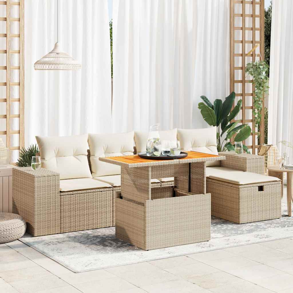 Set Divano da Giardino 6 pz con Cuscini Beige Polyrattan Acacia