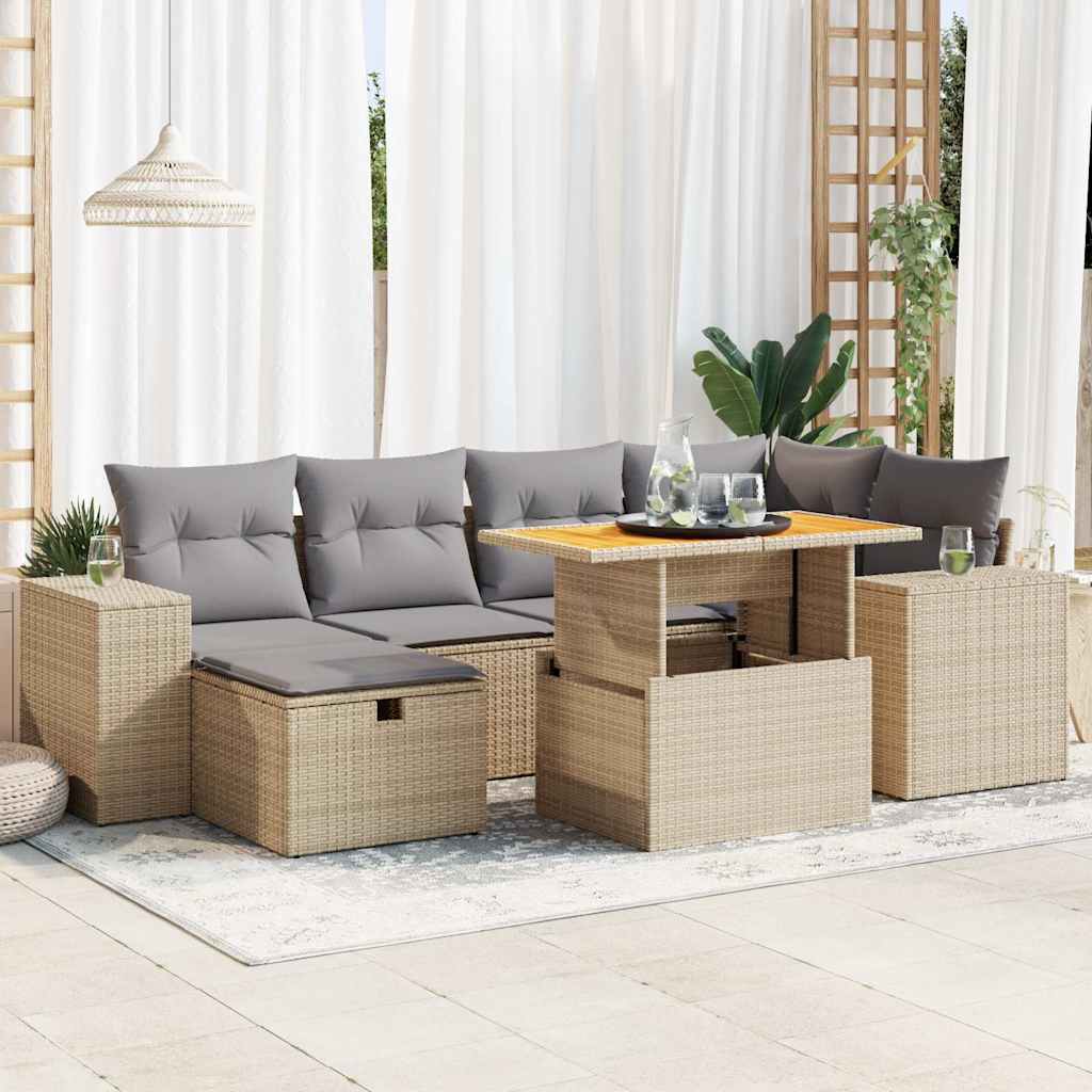 Set Divano da Giardino 8 pz con Cuscini Beige Polyrattan Acacia