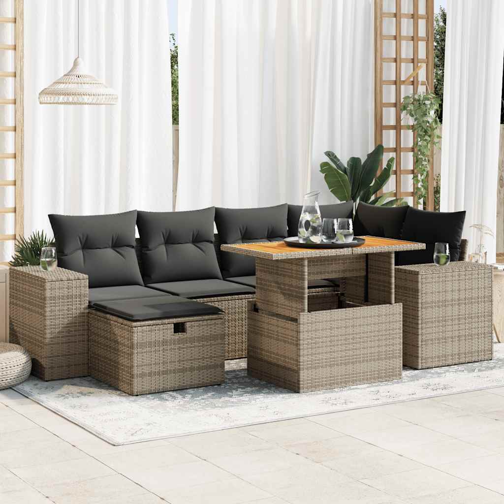 Set Divano da Giardino 8pz con Cuscini Grigio Polyrattan Acacia