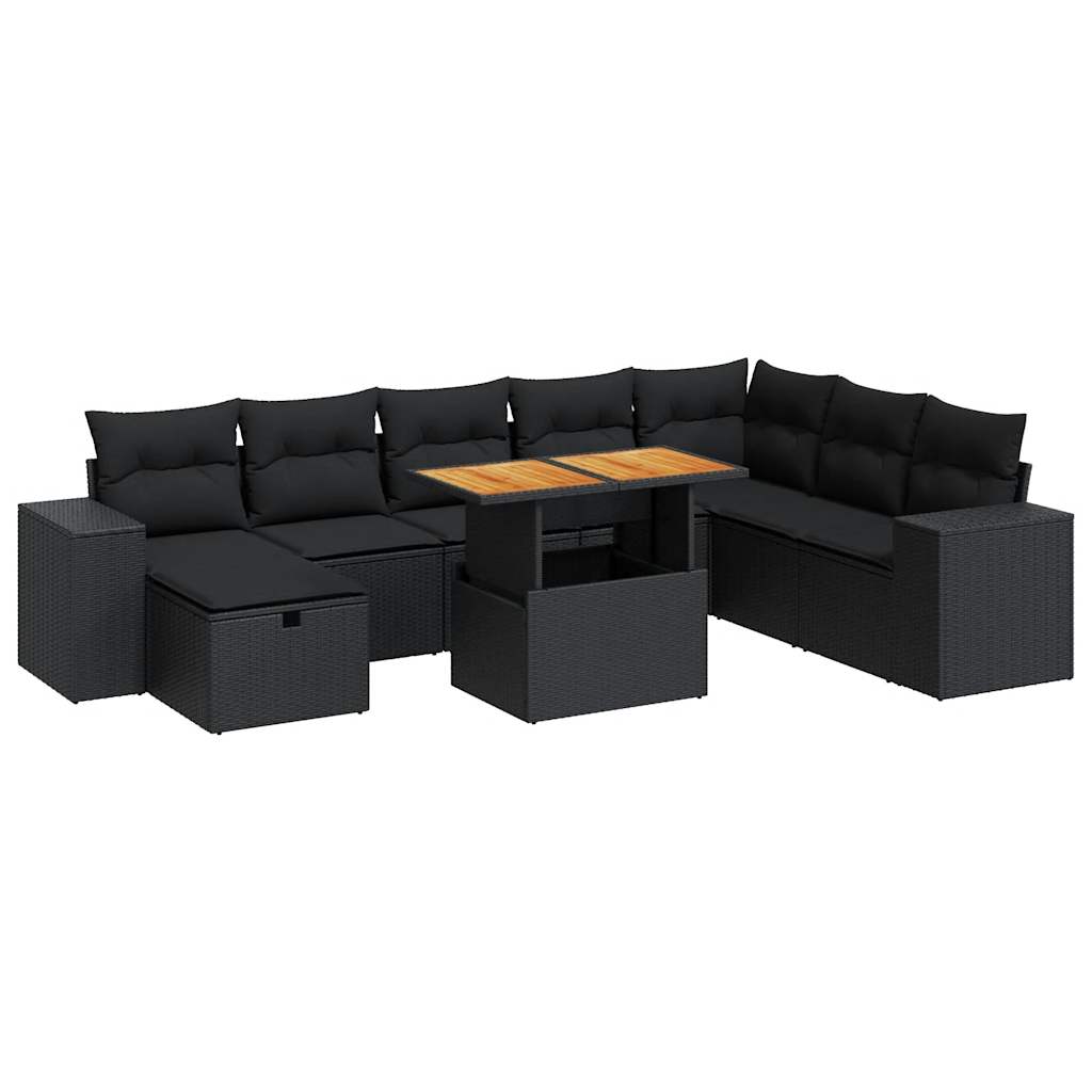 Set Divani da Giardino 9 pz con Cuscini Nero Polyrattan Acacia