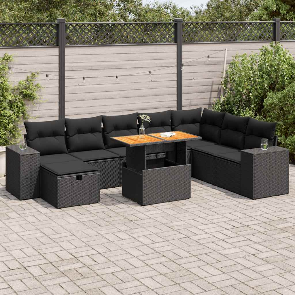 Set Divani da Giardino 9 pz con Cuscini Nero Polyrattan Acacia