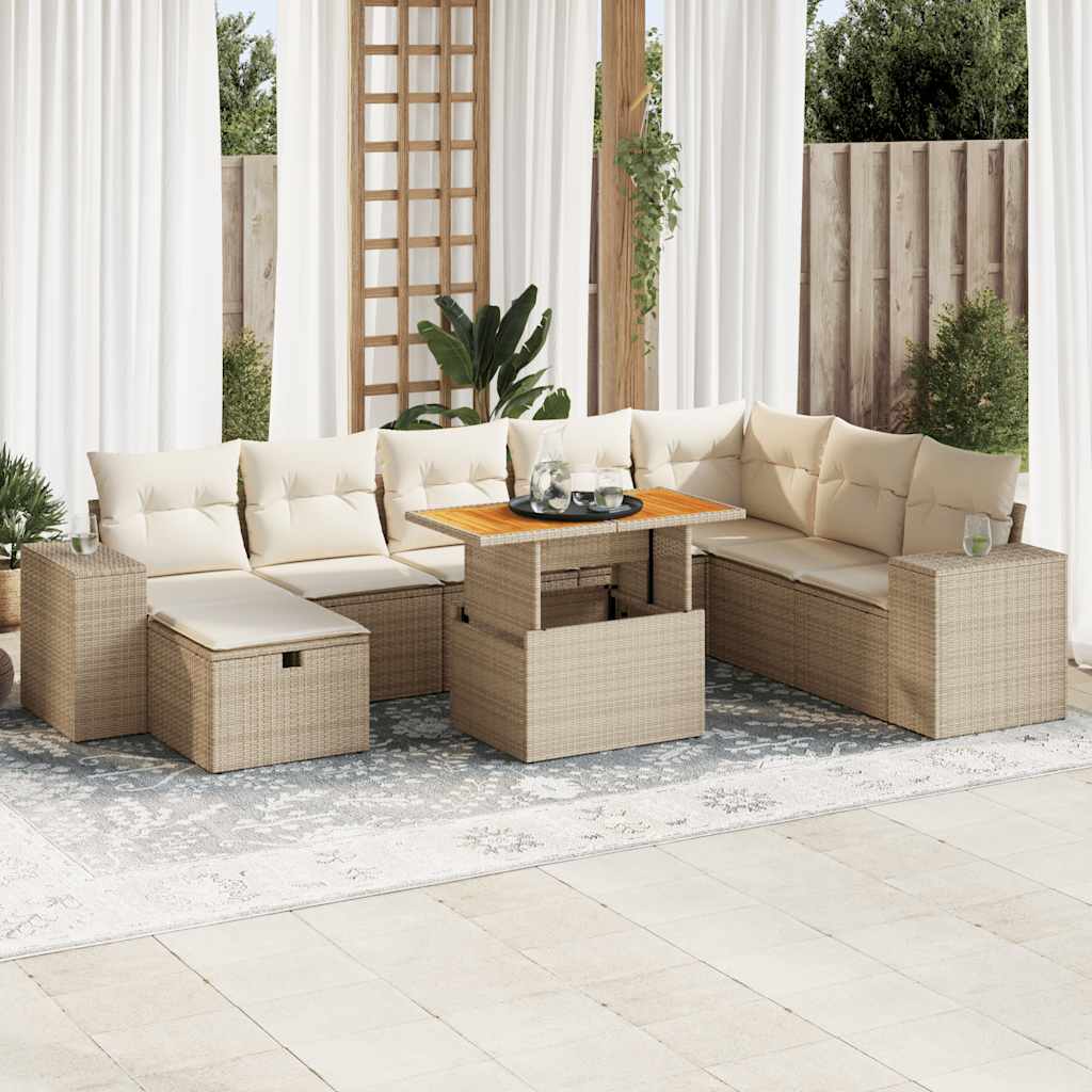 Set Divano da Giardino 9 pz con Cuscini Beige Polyrattan Acacia