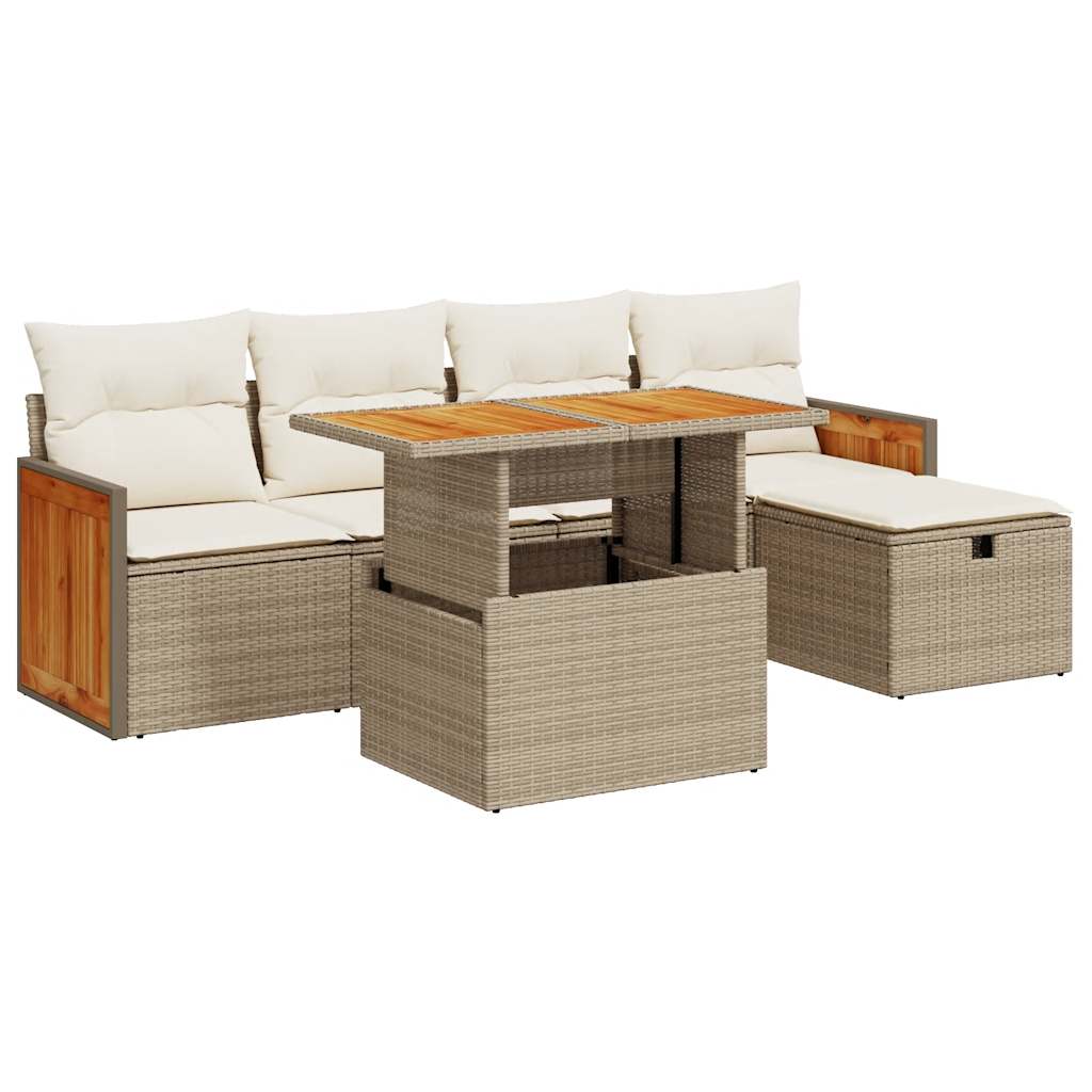 Set Divano da Giardino 6 pz con Cuscini Beige in Polyrattan