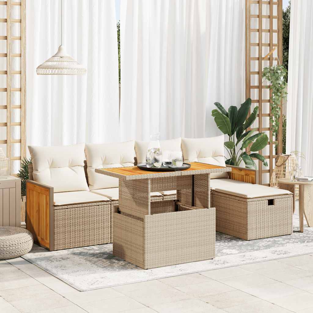 Set Divano da Giardino 6 pz con Cuscini Beige in Polyrattan