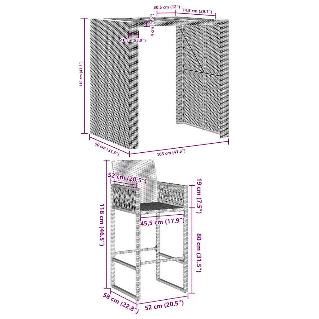 Set Bar da Giardino 3pz senza Cuscini Grigio Polyrattan Acacia