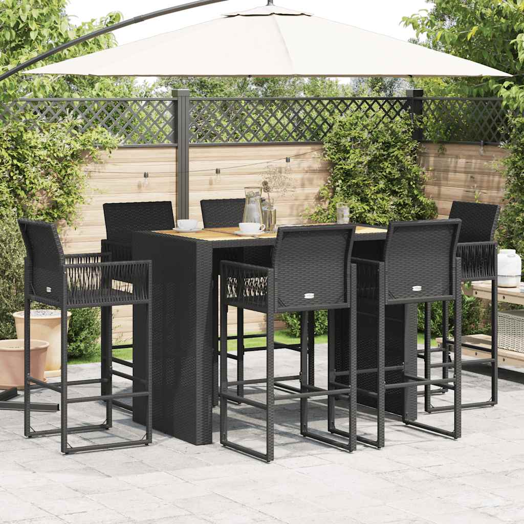 Set Bar da Giardino 7pz senza Cuscini Nero in Polyrattan Acacia