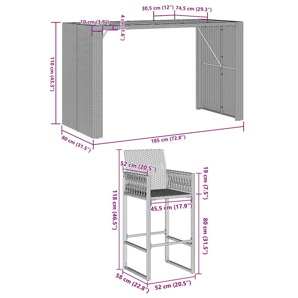 Set Bar da Giardino 7pz senza Cuscini Grigio Polyrattan Acacia