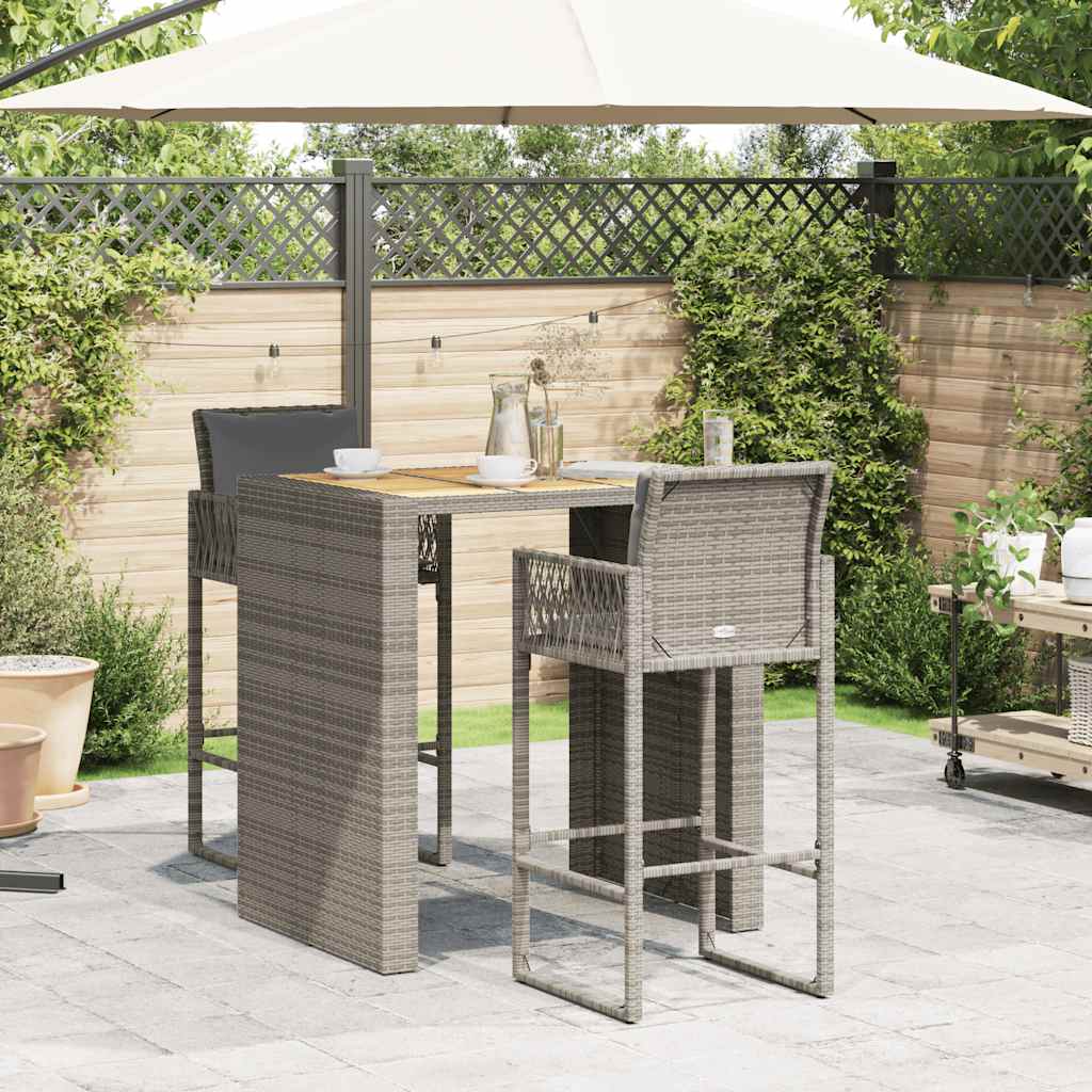 Set Bar da Giardino 3 pz con Cuscini Grigio Polyrattan Acacia