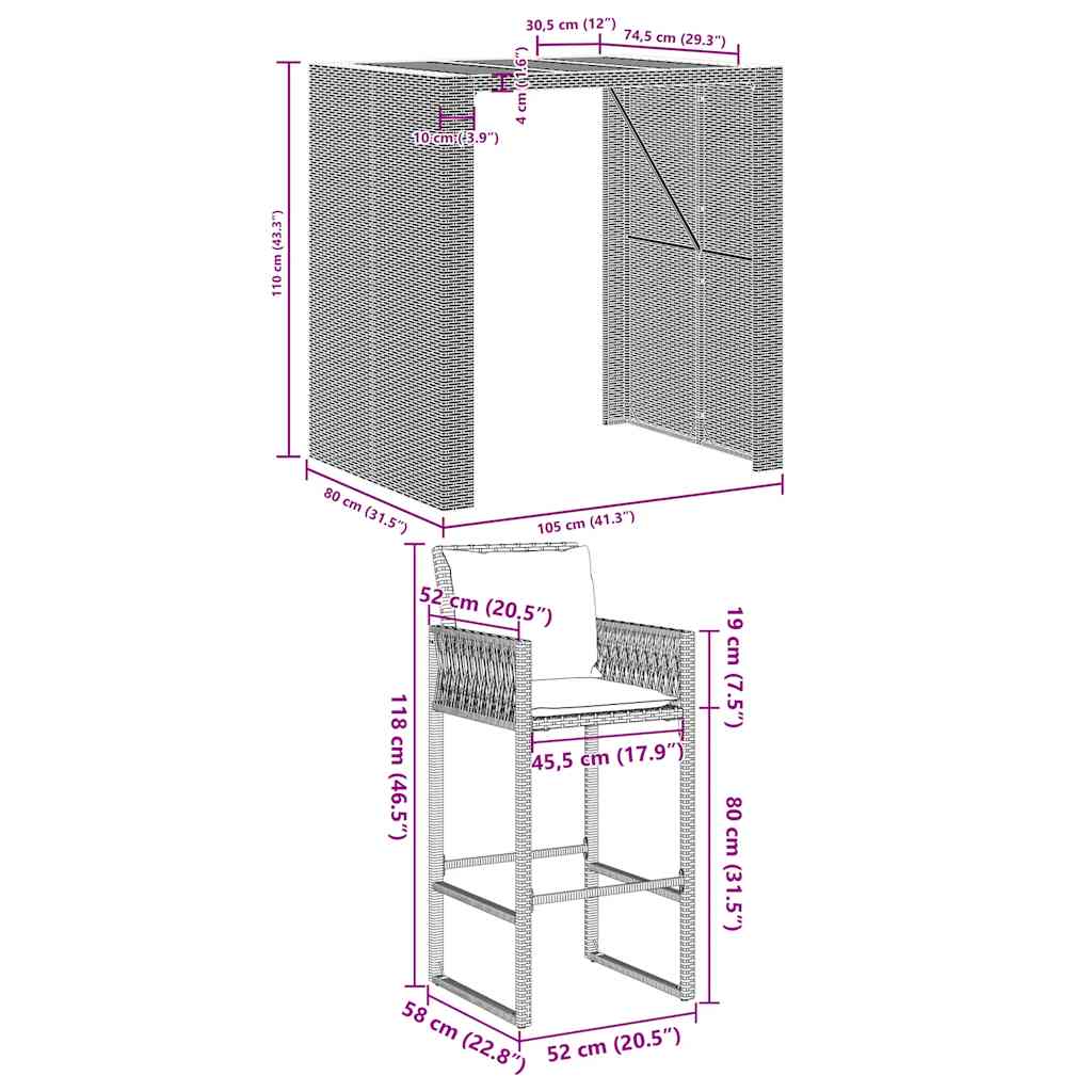 Set Bar da Giardino 3 pz con Cuscini Grigio Polyrattan Acacia