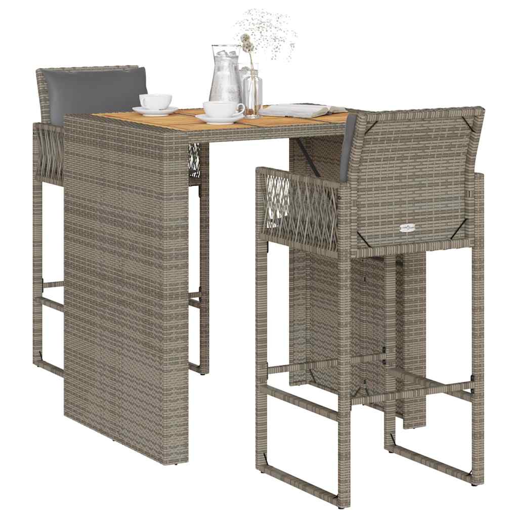 Set Bar da Giardino 3 pz con Cuscini Grigio Polyrattan Acacia