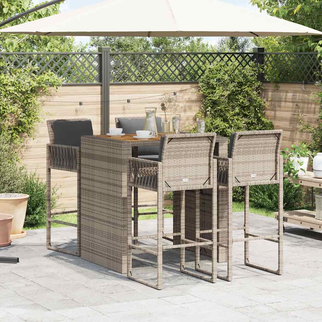 Set Bar da Giardino 5 pz con Cuscini Nero in Polyrattan Acacia