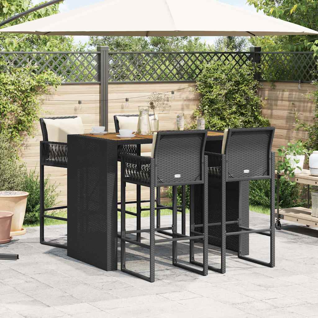 Set Bar da Giardino 5 pz con Cuscini Nero in Polyrattan Acacia