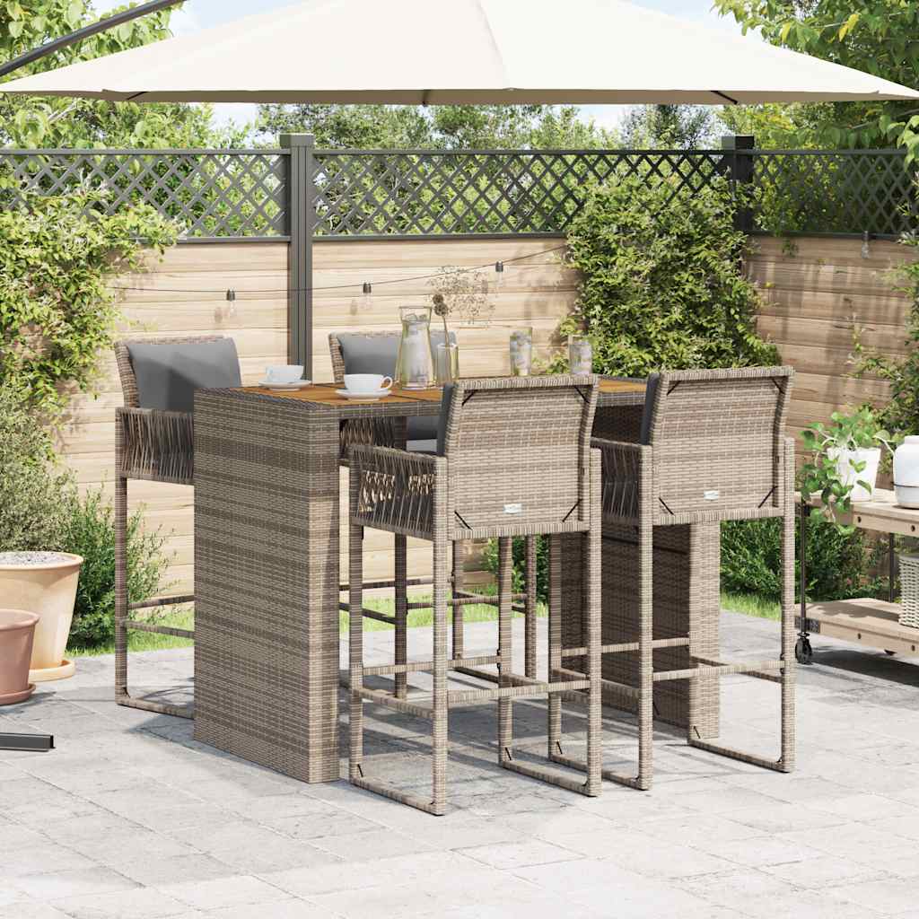 Set Bar da Giardino 5 pz con Cuscini Nero in Polyrattan Acacia