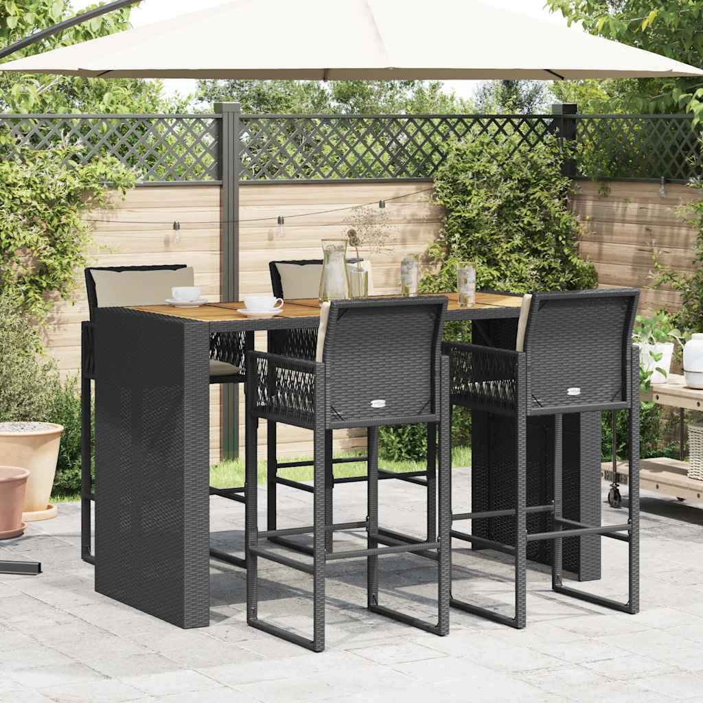 Set Bar da Giardino 5 pz con Cuscini Nero in Polyrattan Acacia