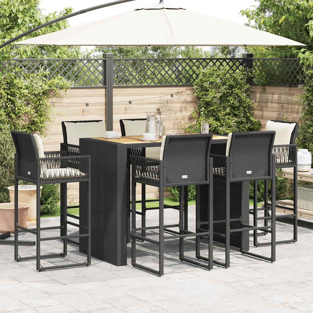 Set Bar da Giardino 7 pz con Cuscini Nero in Polyrattan Acacia