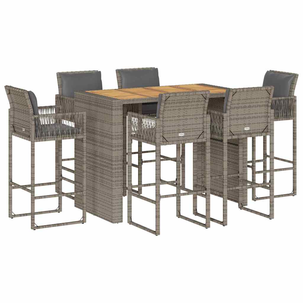 Set Bar da Giardino 7 pz con Cuscini Grigio Polyrattan Acacia