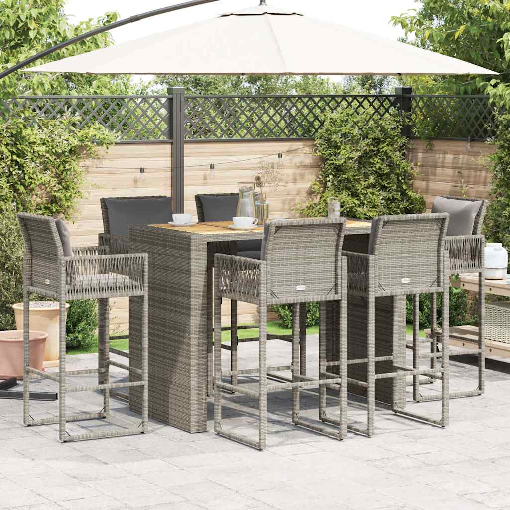 Set Bar da Giardino 7 pz con Cuscini Grigio Polyrattan Acacia