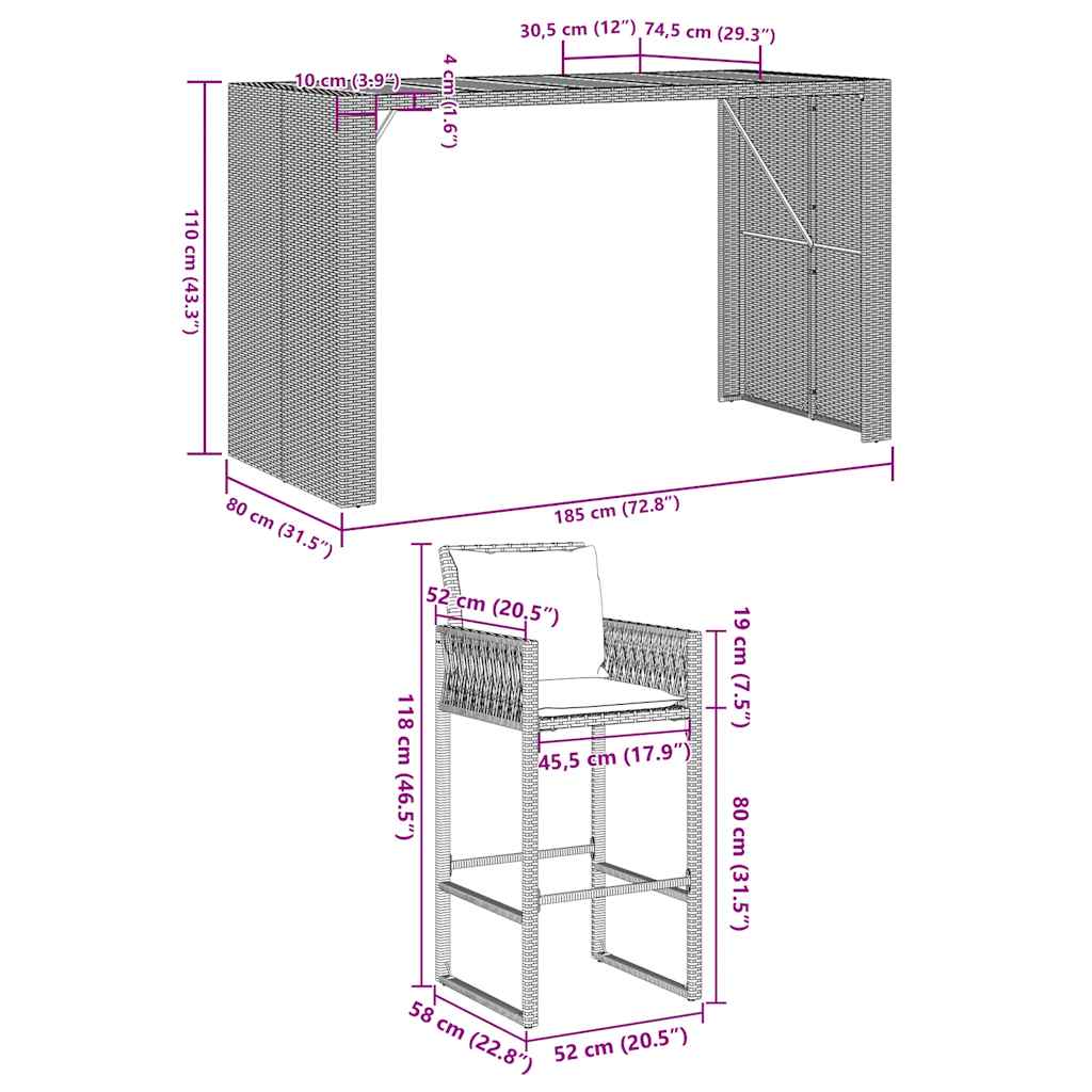 Set Bar da Giardino 7 pz con Cuscini Grigio Polyrattan Acacia