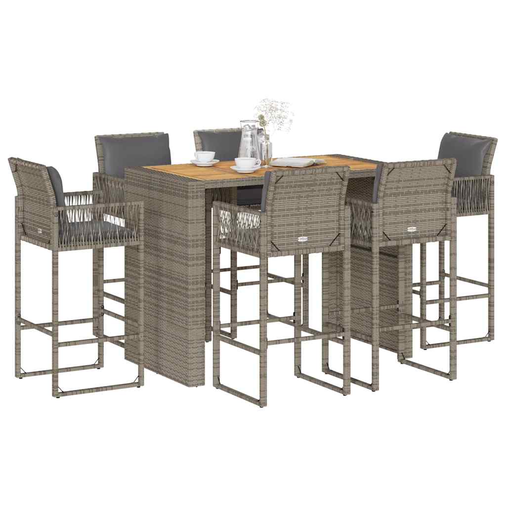 Set Bar da Giardino 7 pz con Cuscini Grigio Polyrattan Acacia