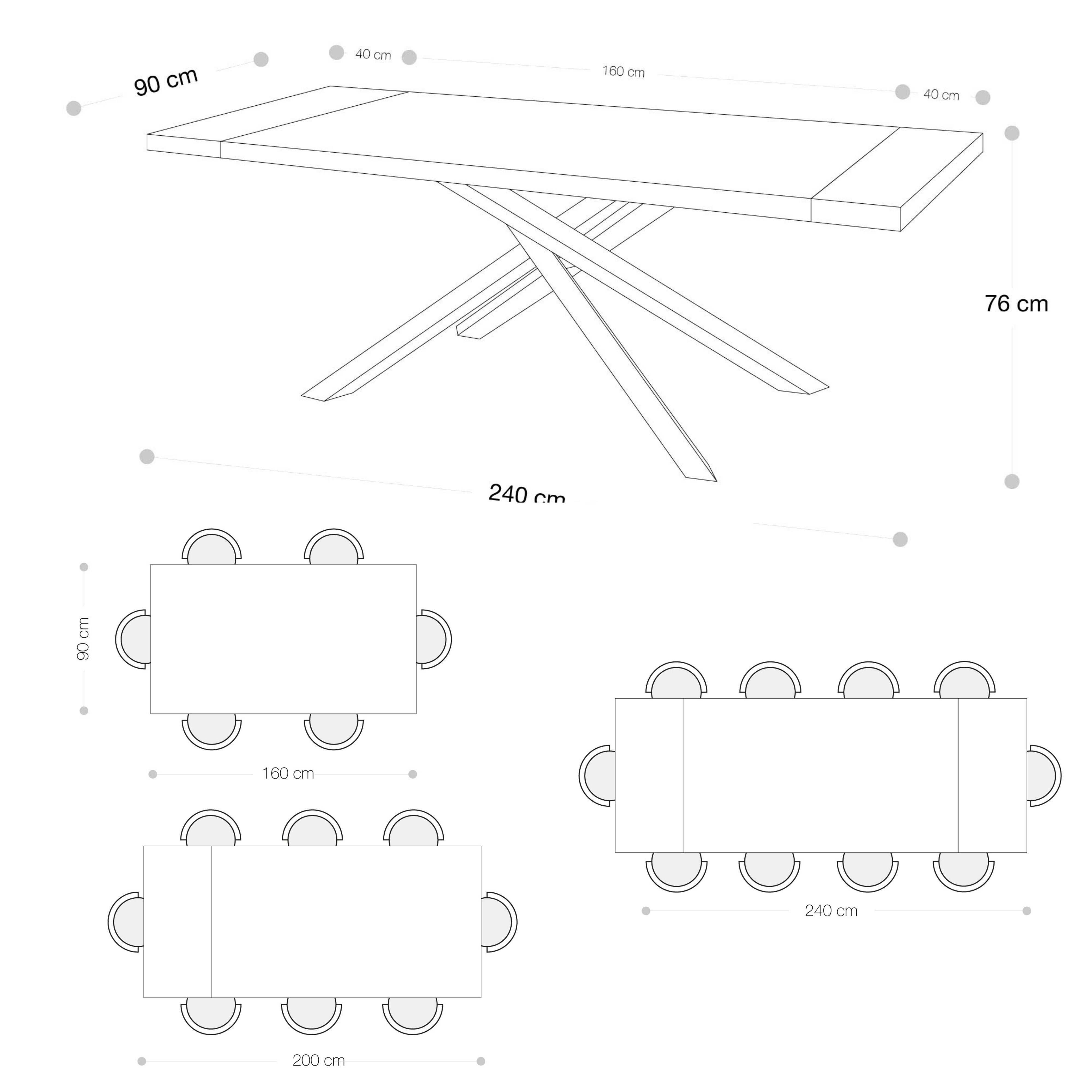 Tavolo da Pranzo  Allungabile 160/240 x 90 cm. Top  in Legno di Eucalipto impiallacciato  e gambe in Metallo