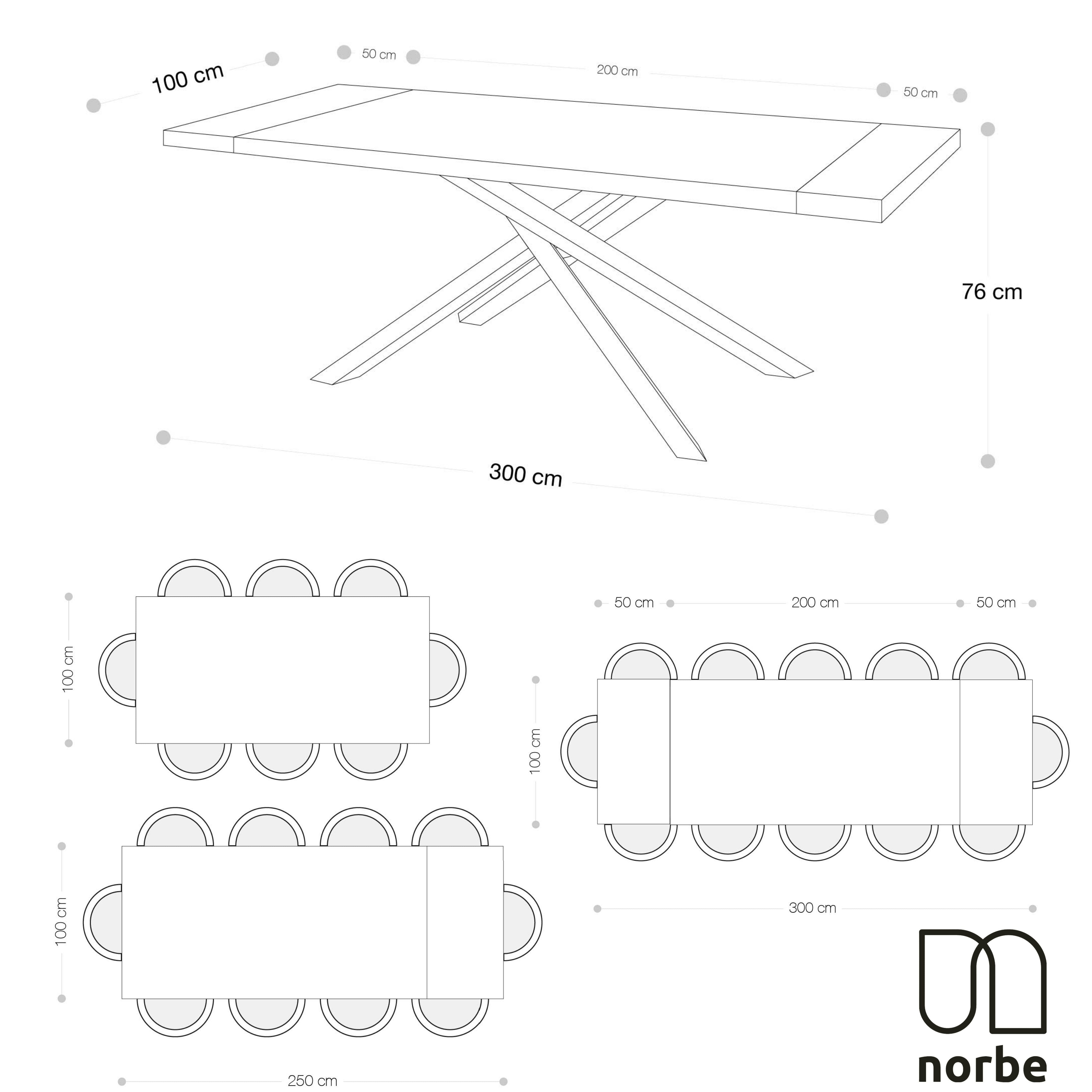 Tavolo da Pranzo  Allungabile 200/300 x 100 cm. Top  in Legno di Rovere impiallacciato  e gambe in Metallo