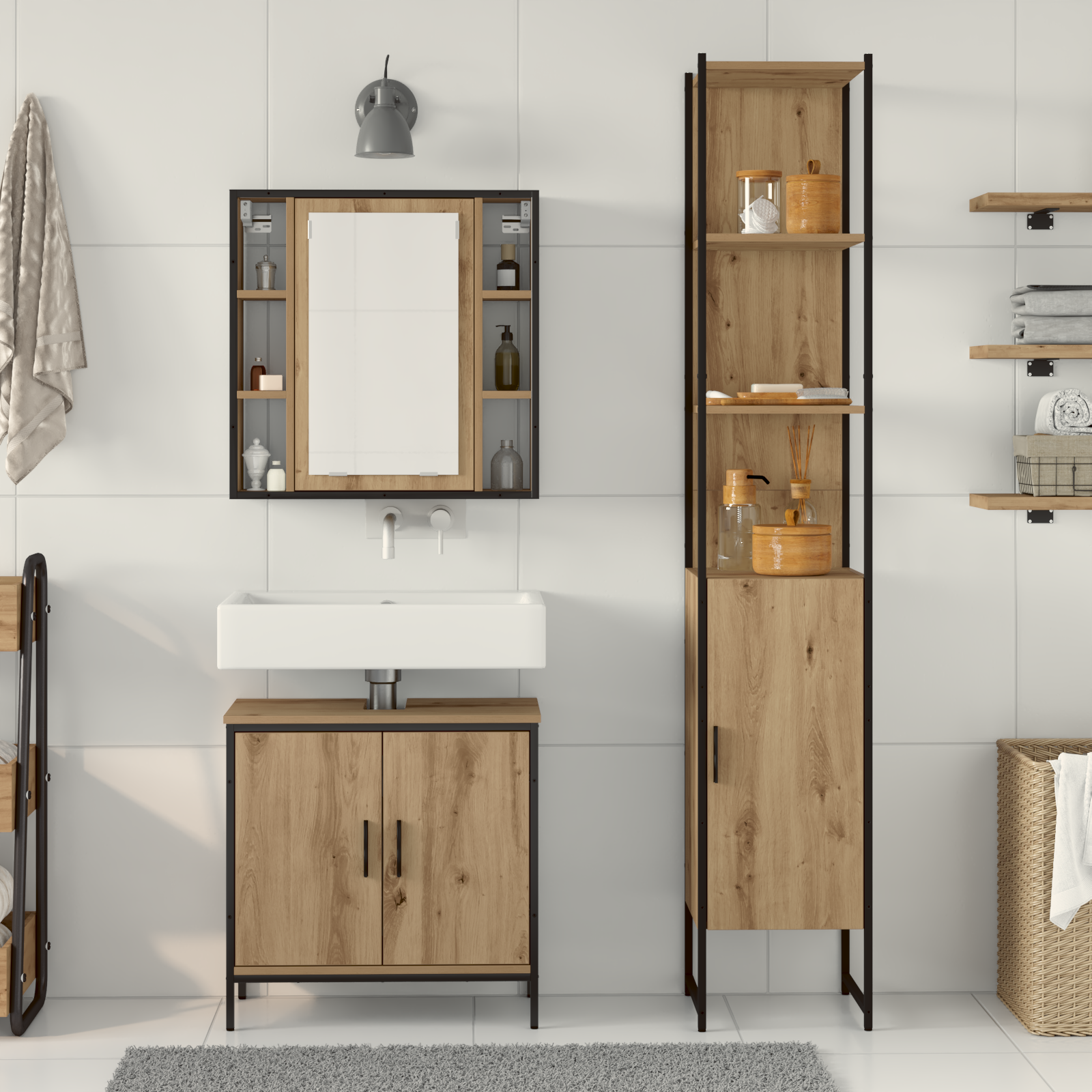 Armadio Bagno Quercia Artigianale 33x33x185.5 cm Legno Ingegnerizzato