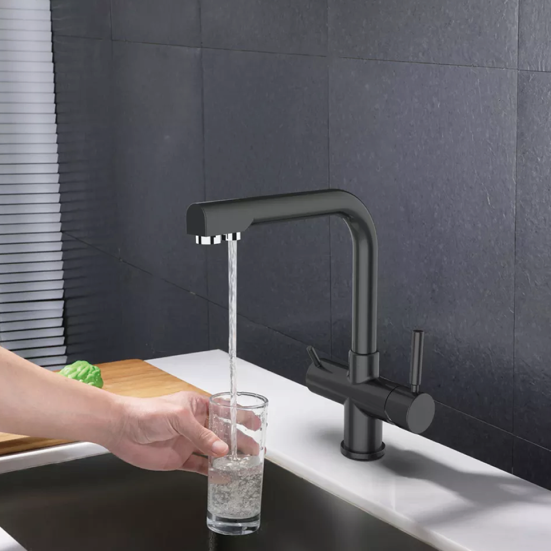 Rubinetto da Cucina 4 Vie 3/8″ Nero Opaco – 2 Rete + 2 Depurata